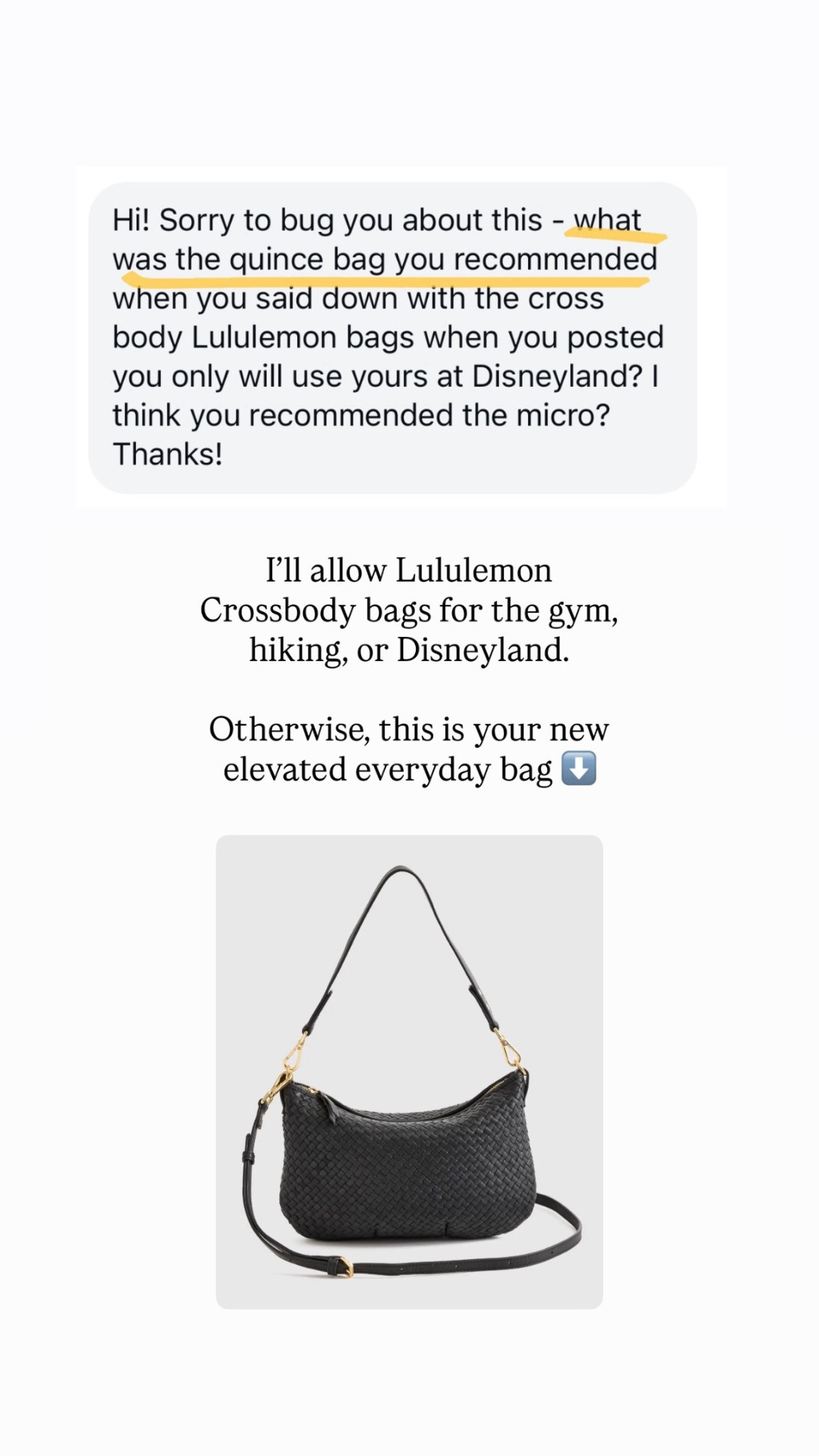 Every woman needs this elevated but casual every day bag. It has two straps so you can wear it Crossbody or as a shoulder bag.