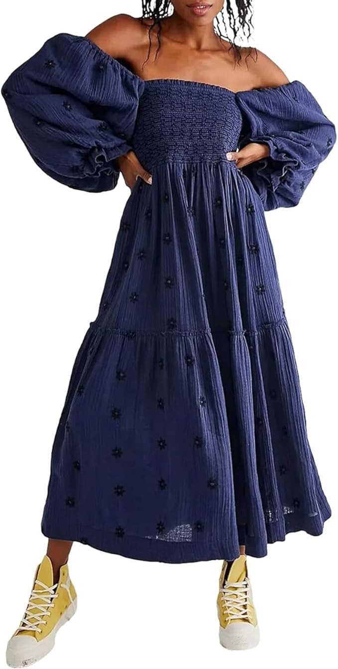 Women Floral Embroidered Maxi Dress Long Puff Sleeve Square Neck Bohemian Flowy Dress with Pocket... | Amazon (US)