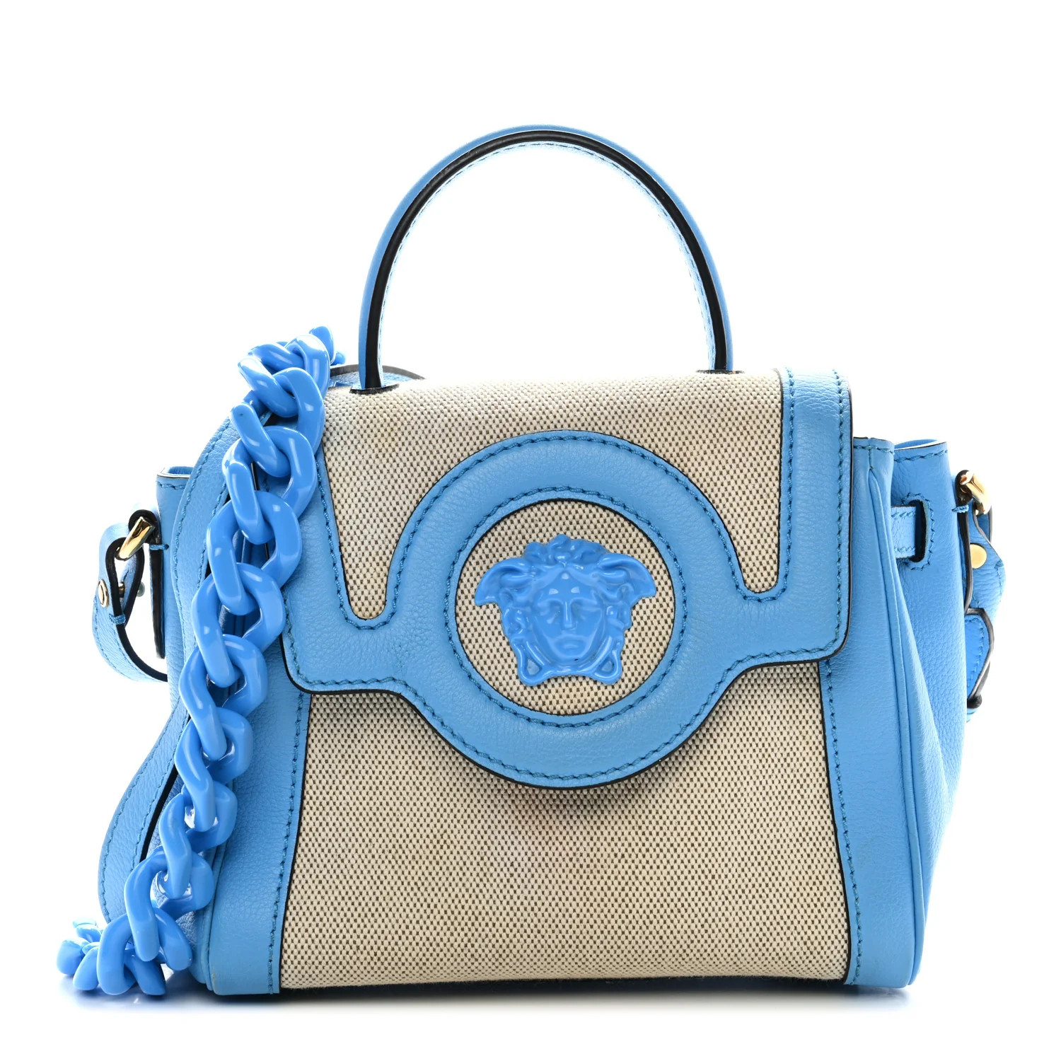 Grained Calfskin Canvas Small La Medusa Chain Top Handle Handbag Rope Blue | FASHIONPHILE (US)