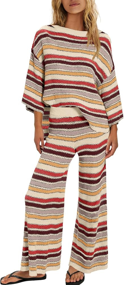 ReachMe Womens Oversized Striped 2 Piece Sets Sweater and Wide Leg Pants with Pockets Pajama Loun... | Amazon (US)