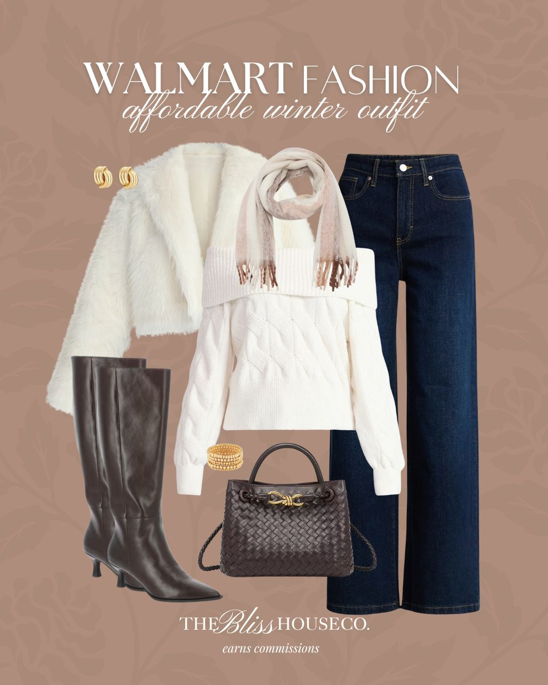 Affordable winter fashion inspo ✨ Walmart fashion finds, dark wash jeans, chocolate brown bag and boots, off the shoulder cable knit sweater, plush jacket, styled look, affordable clothing finds, cold weather winter style. 

 #LTKootd #LTKSeasonal #LTKFindsUnder50