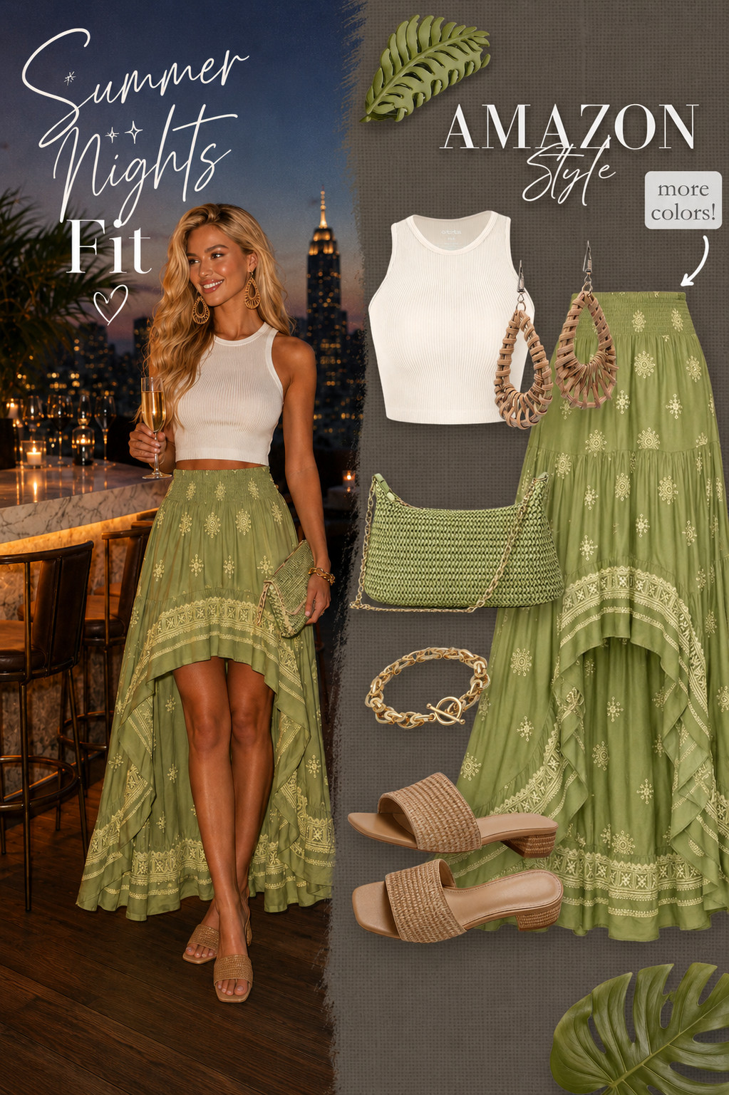 Summer Nights Fit 🌿 | Amazon Outfit Ideas for Vacation, Rooftop Drinks & Date Night Looking for the perfect summer night outfit? This chic Amazon fashion look features a white ribbed tank top paired with a flowy green high-low skirt, woven heels, statement earrings, and a matching clutch. Whether you're headed to a rooftop bar, vacation dinner, girls' night out, or a summer date night, this effortless outfit is equal parts classy and comfortable. Save this pin for your next warm-weather outfit inspiration! #SummerNightsFit #AmazonFashion #SummerOutfitIdeas #VacationStyle #DateNightOutfit #RooftopBarStyle #ResortWear #Over40Fashion #AmazonFinds #SummerFashion2026 #VacationOutfits #ChicStyle #WomensFashion #FashionInspo #EffortlessStyle