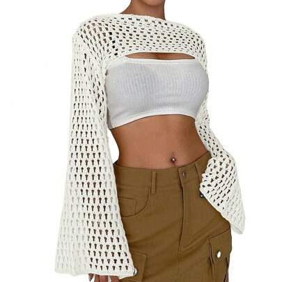 Womens Cropped Sweater Crochet Knit Crop Tops See Through Y2k Knit Sweater Beach Cover Ups | SHEIN