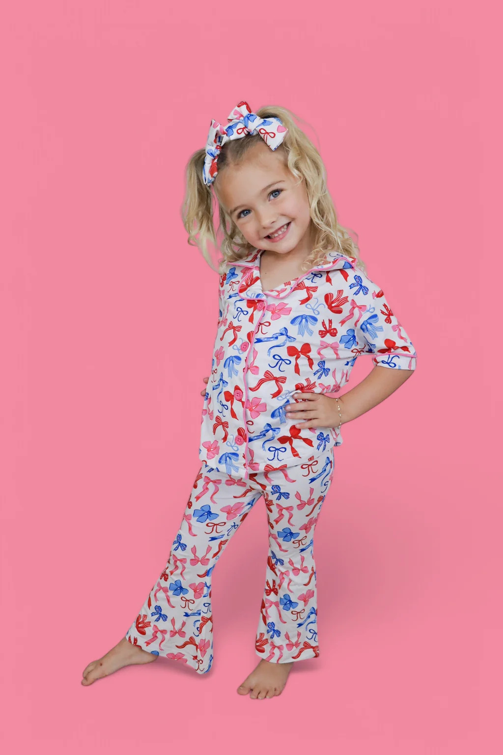 RED, WHITE AND BOWS DREAM GIRL'S SHORT SLEEVE FLARE SET | Dream Big Little Co.