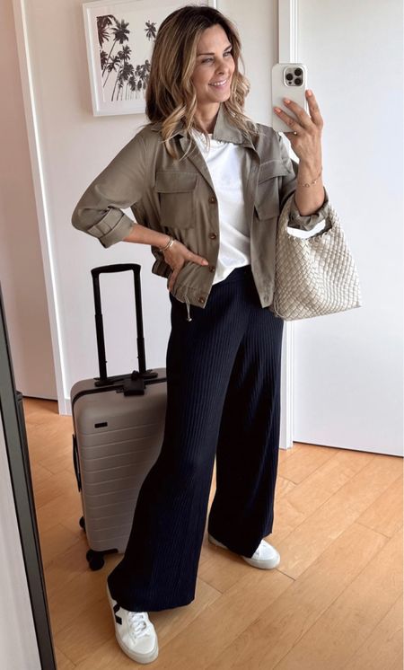I love the quality of all of these pieces! 
-crew neck cotton t-shirt Sz S 
-ribbed knit wide legged pants Sz S
-cargo jacket - olive Sz S
-Veja sneakers 
-Away luggage 
-woven bag, mine is shiraleah

#LTKunder50 #LTKstyletip #LTKtravel