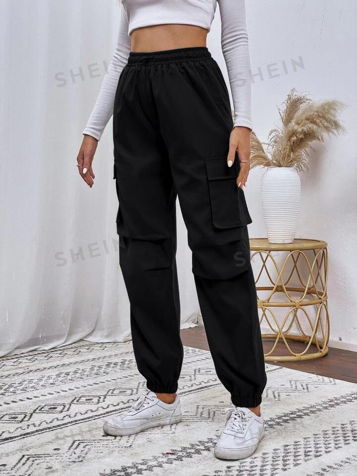 SHEIN EZwear Flap Pocket Drawstring Waist Cargo Pants | SHEIN
