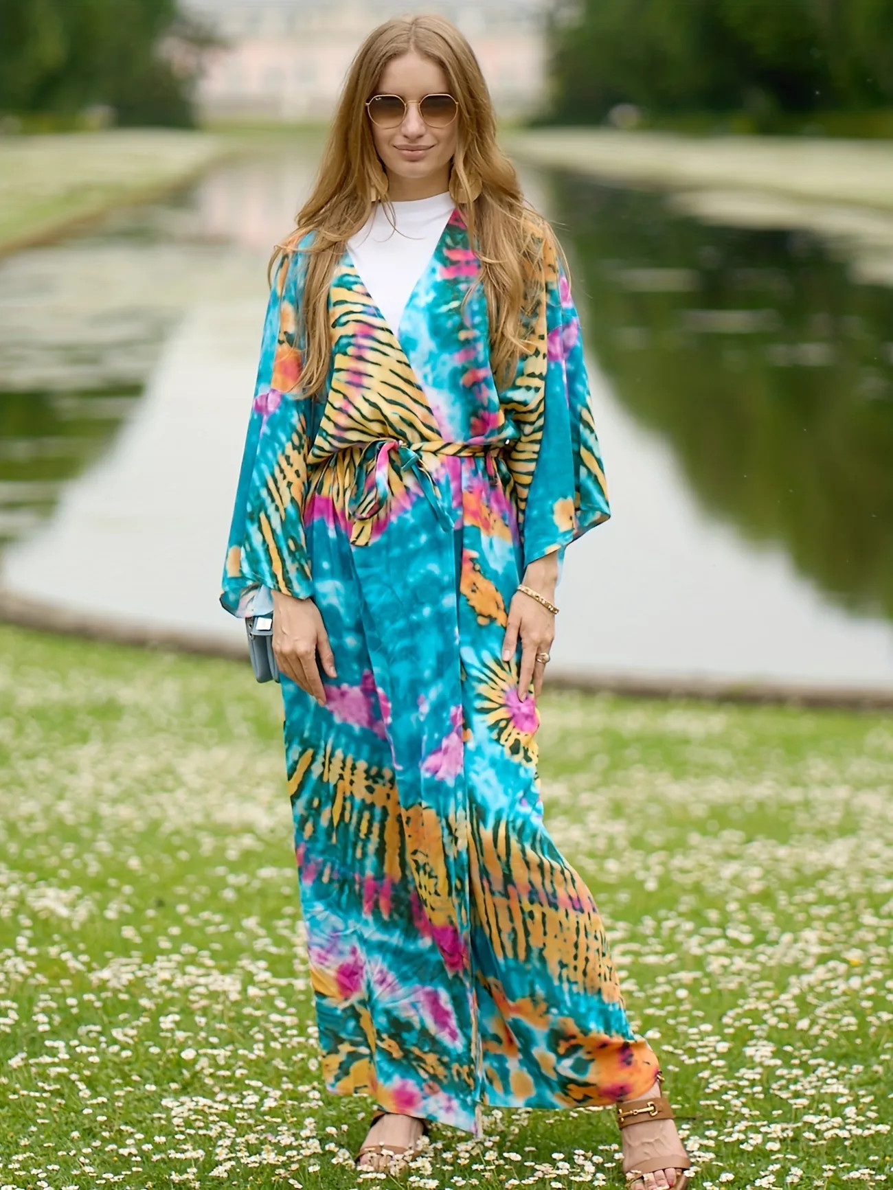 Plus Size Boho Cover Up, Women's Plus Tie Dye Striped Print Wide Sleeve Belted Wrap Cover Up | Temu Affiliate Program