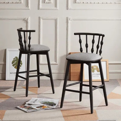 Indoor Wood Barstool Set of 2 - Black with Grey Upholstery | Wayfair North America