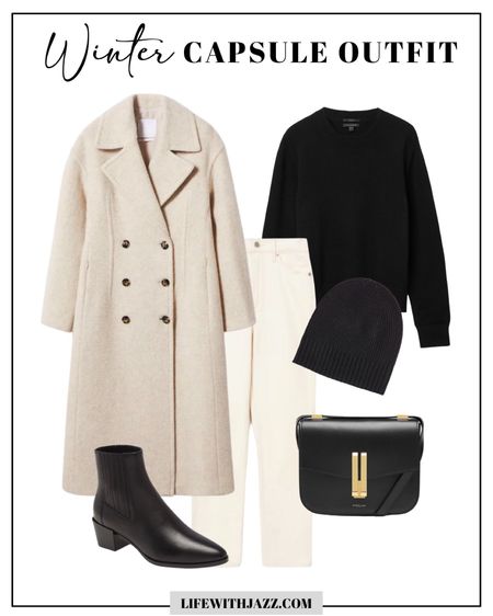 Winter capsule outfit 

Long wool coat 
Cashmere sweater and beanie 
Straight leg white jeans - I recommend sizing down in madewell jeans 
Leather tote 
Winter boots 

Capsule wardrobe / winter style 

#LTKworkwear #LTKtravel #LTKSeasonal