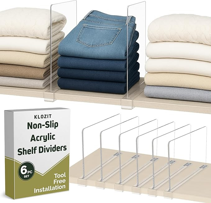 6- Pack Clear Acrylic Shelf Dividers-Non-Slip Closet Organizers for Sweaters, Bags, Towels- Shelf... | Amazon (US)