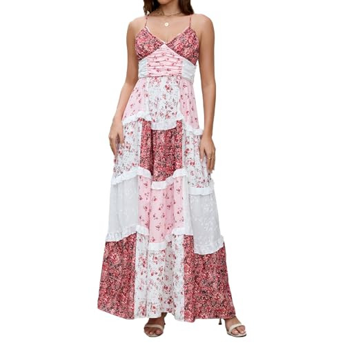 ABYOVRT Women Floral Maxi Dress Spaghetti Straps V Neck Patchwork Flowy Boho Sundress Tiered Long... | Amazon (US)
