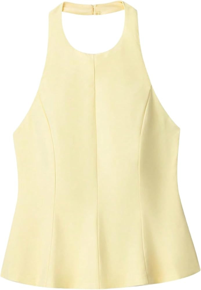 WDIRARA Women's Flared Halter Top Sleeveless Backless Tank Tops Dressy Tops | Amazon (US)