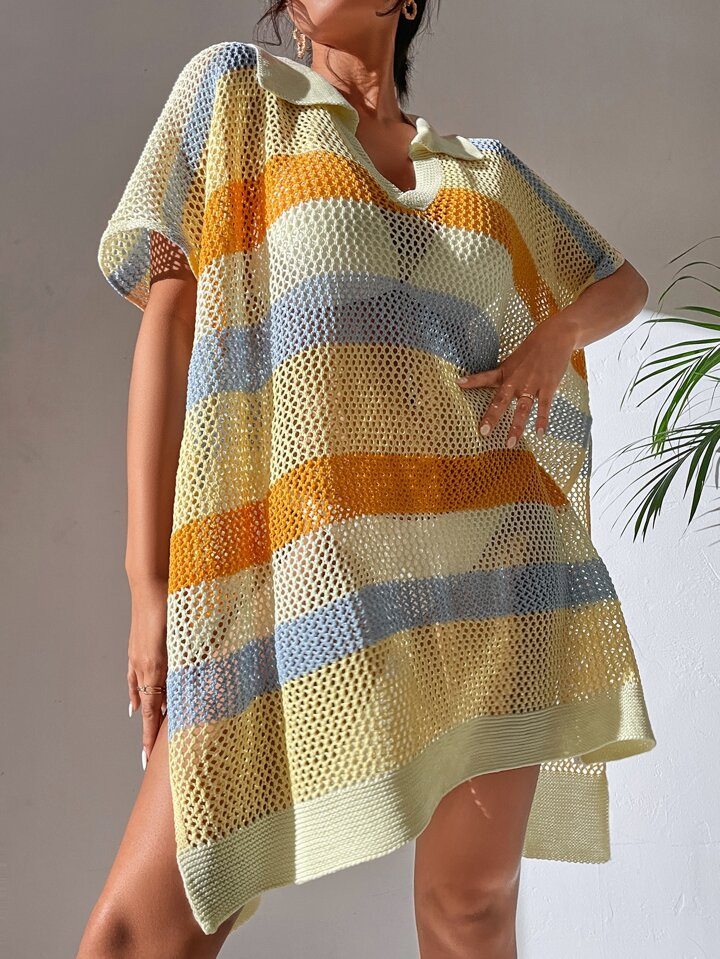 Color Block Batwing Sleeve Split Hem Cover Up Without Bikini | SHEIN