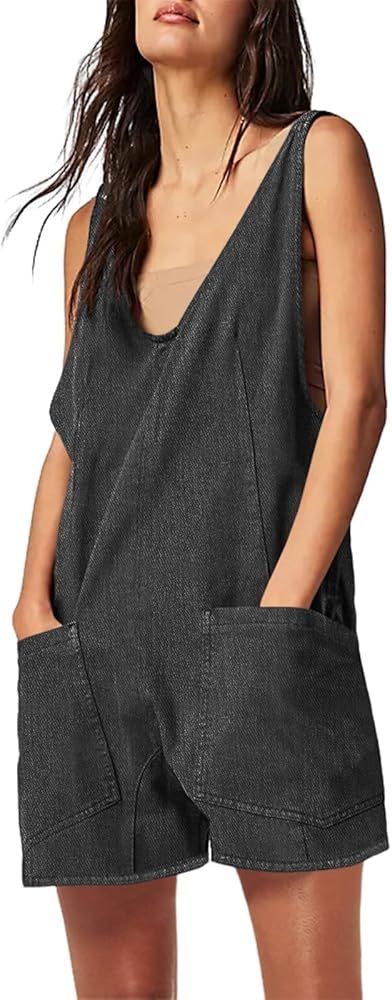 Tongmingyun Womens Summer Denim Overall Shorts Casual Sleeveless V Neck Jean Romper with Pockets | Amazon (US)