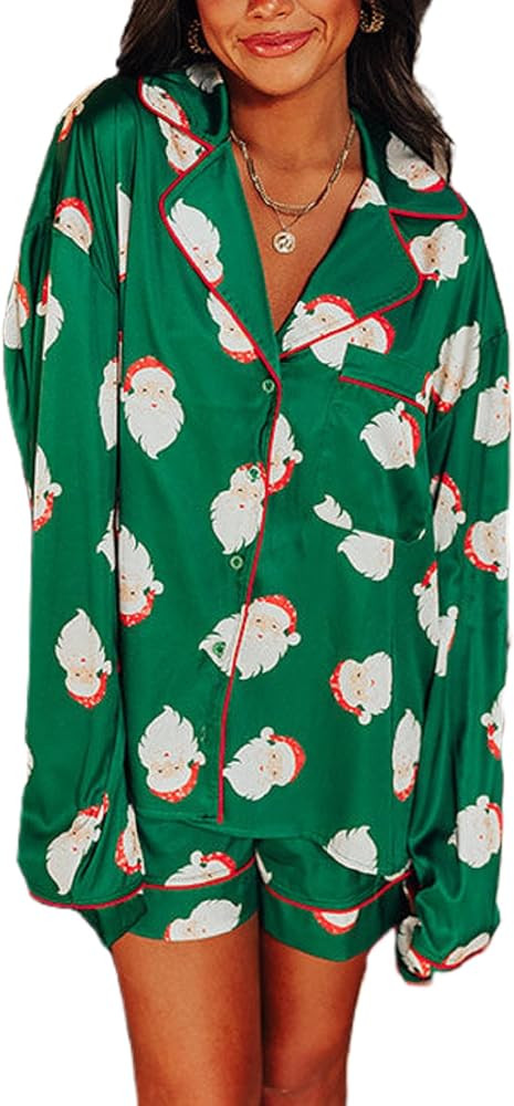 Faretumiya Women Christmas Pajamas Shorts Sets Xmas Printed Long Sleeve Button Down Shirt Lounge ... | Amazon (US)