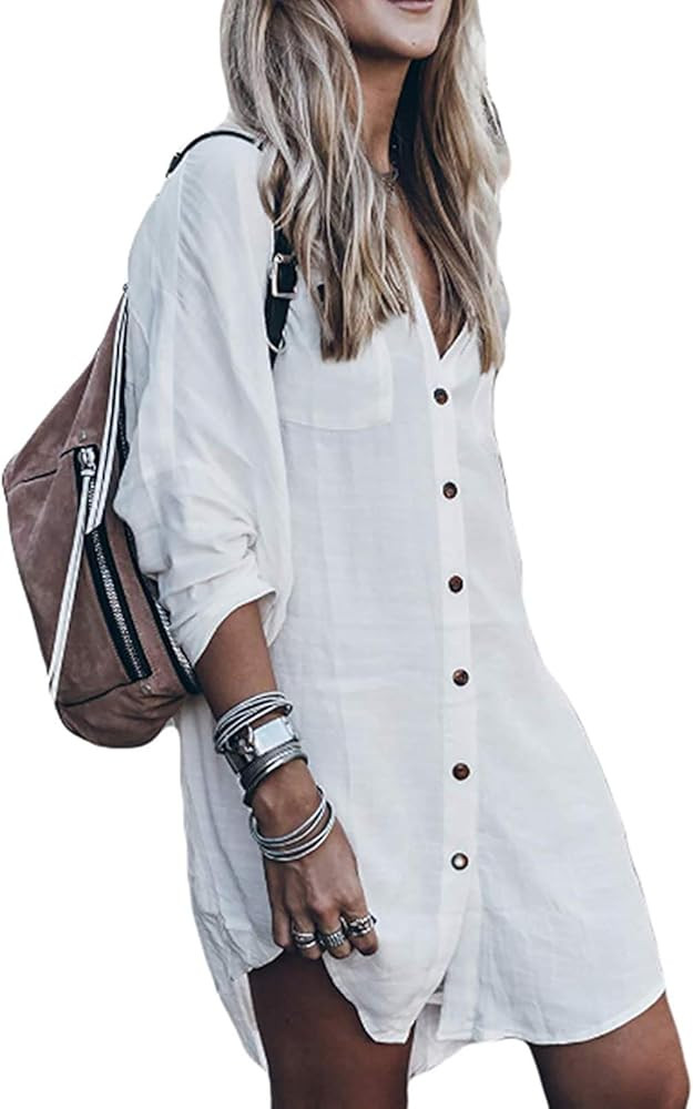 Chalier Loose Long Sleeve Swimsuit Cover Ups for Women Button Down Sleep Shirt Dress Beach Cover Up | Amazon (US)