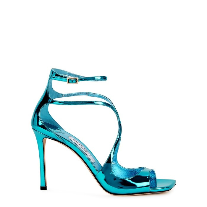 Jimmy Choo Azia 95 Metallic Blue Leather Sandals | Harvey Nichols (Global)