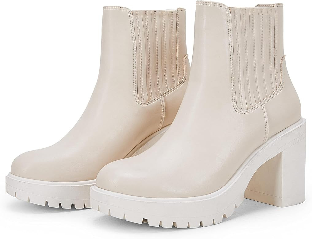 Womems Platform Lug Sole Ankle Boots Chunky Block Heel Seam Booties Combat Cozy Round Toe Chelsea Sh | Amazon (US)