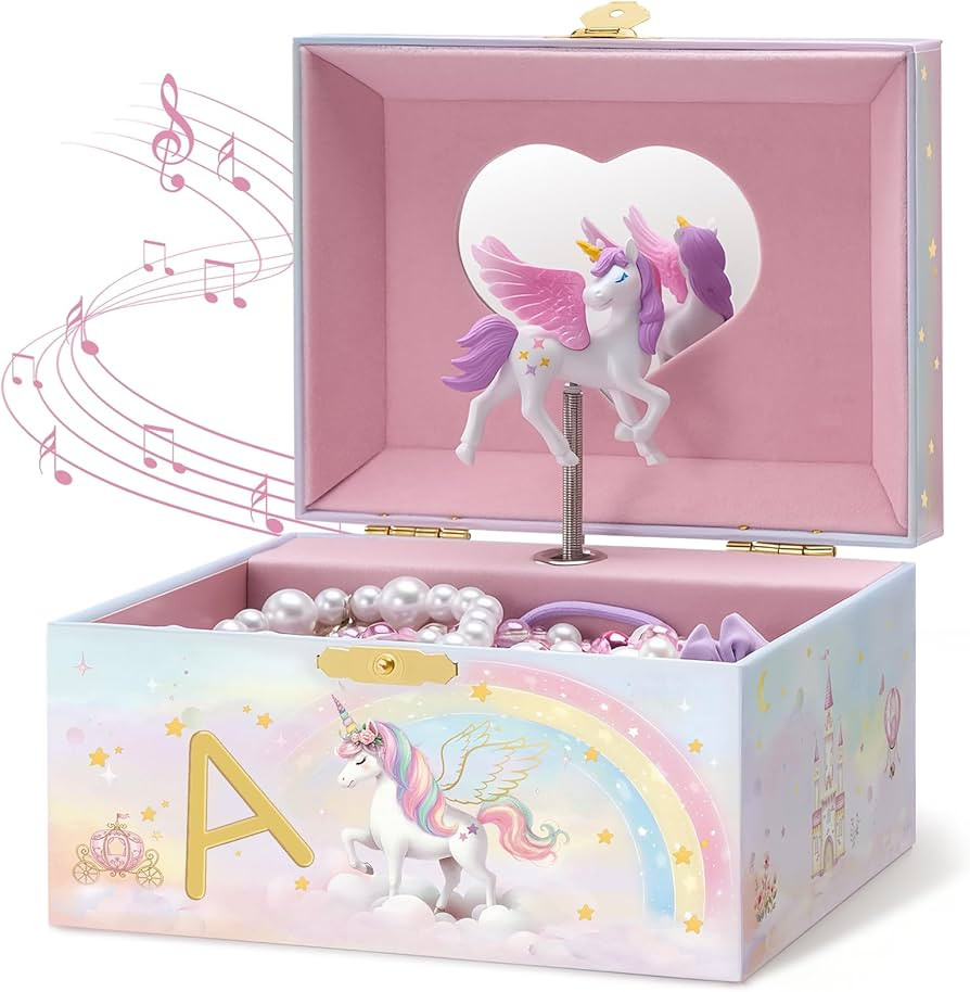 Lolalet Unicorn Jewelry Box for Girls, Kids Initial Musical Jewelry Organizer with Spinning Doll,... | Amazon (US)