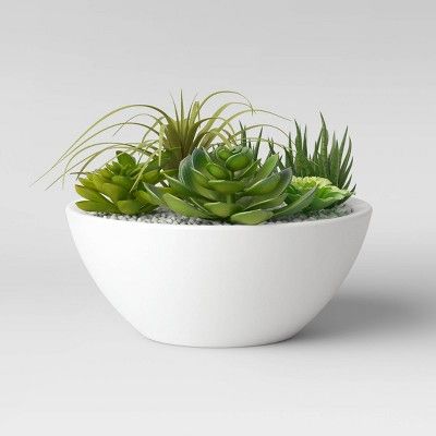 10" x 8" Artificial Mixed Succulent Garden in Ceramic Bowl Green/White - Project 62™ | Target