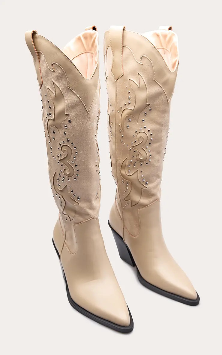 Cream Block Heel Knee High Western Boots | PrettyLittleThing UK