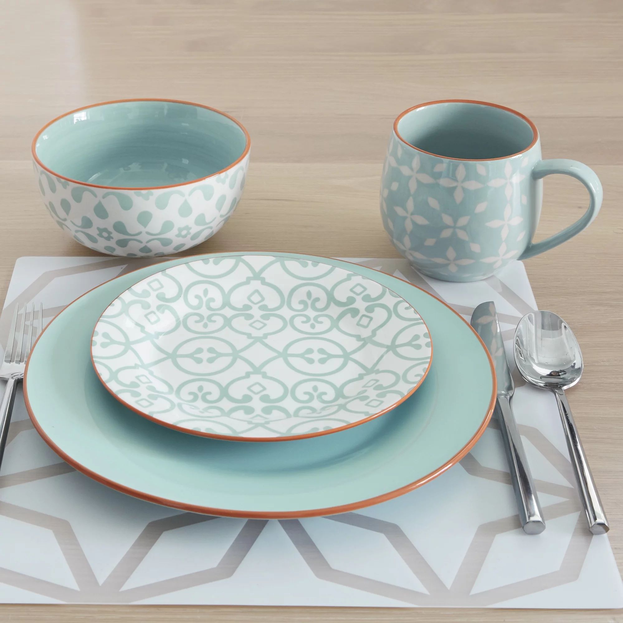 Kara Sky 16 Piece Stoneware Dinnerware Set, Sky Blue and Orange | Walmart (US)