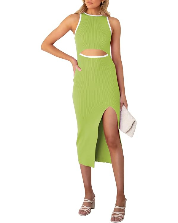 Pink Queen Women's Summer Cutout Midi Dress Crew Neck Sleeveless Tank Slit Ribbed Bodycon Dresses | Amazon (US)