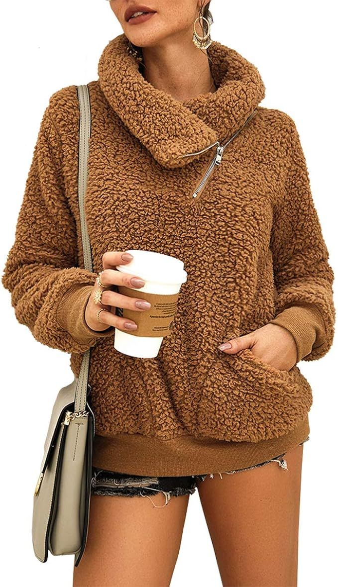KIRUNDO 2020 Women’s Winter Lapel Sweatshirt Faux Shearling Shaggy Warm Leopard Pullover Zipped... | Amazon (US)