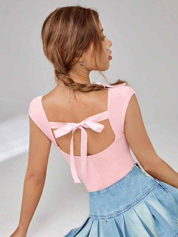 SHEIN Qutie Tie Backless Ribbed Knit Bodysuit | SHEIN