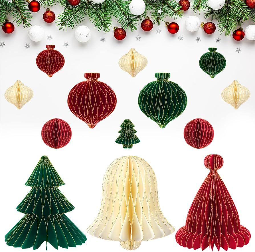 Tenceur 13 Pieces Christmas Paper Decorations Gold Glitter Edge Paper Honeycomb Ornaments with La... | Amazon (US)