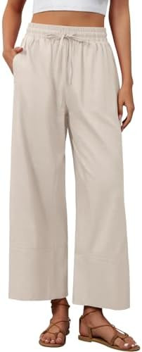 Womens Linen Pants Cotton Boho Loose Palazzo Pants Wide Leg Long Lounge Trousers Drawstring with ... | Amazon (US)