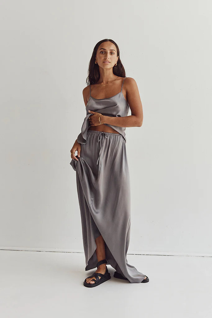 LAYLA CHARCOAL SILK MIDI SKIRT | DISSH