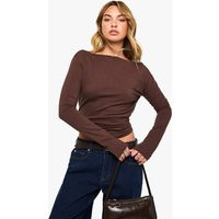 boohoo Women's Cotton Boat Neck Long Sleeve Top in Chocolate | Size: 8 | boohoo (US & Canada)