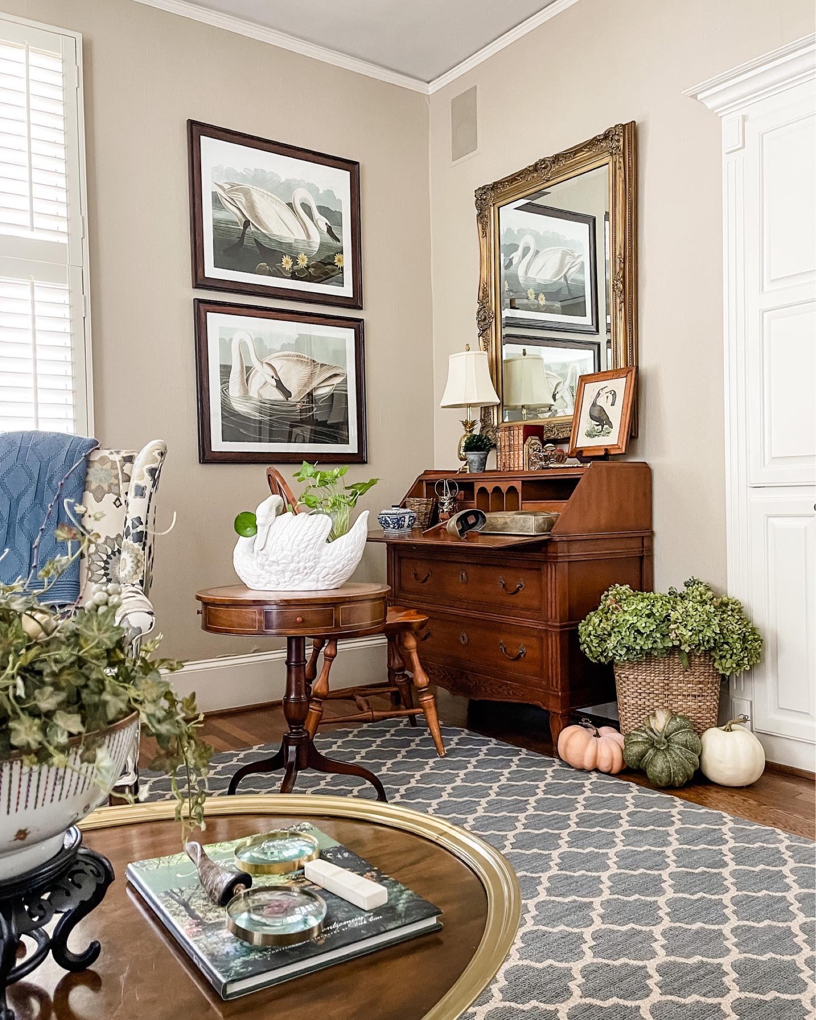 Monday blues and a sprinkling of fall. Dried hydrangeas, a few pumpkins, and a warm blanket are all I need for coziness in the family room. Do you notice anything different? I’m loving my new swan prints from @urbangardenprints. Also, we finally hung the mirror above my desk.😬🔨 Note to self: Leave nails in wall when painter comes.🤦🏼‍♀️ Lol!💙🦢💙🦢

#LTKSeasonal #LTKstyletip #LTKhome