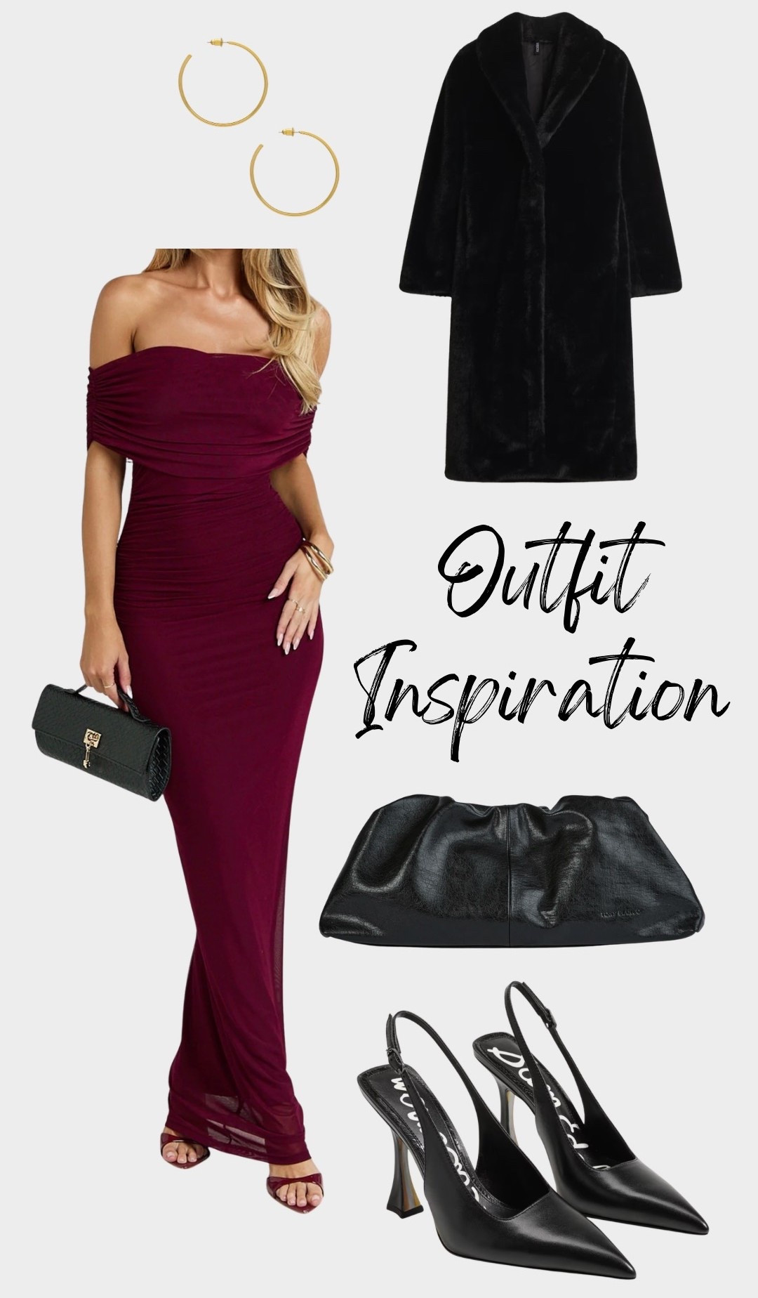 Outfit inspiration, winter outfit, maroon dress, off the shoulder dress, burgundy dress, black faux fur coat, black clutch, black heels, maxi dress, wine color dress, faux fur coat

#LTKFindsUnder100 #LTKTravel #LTKootd
