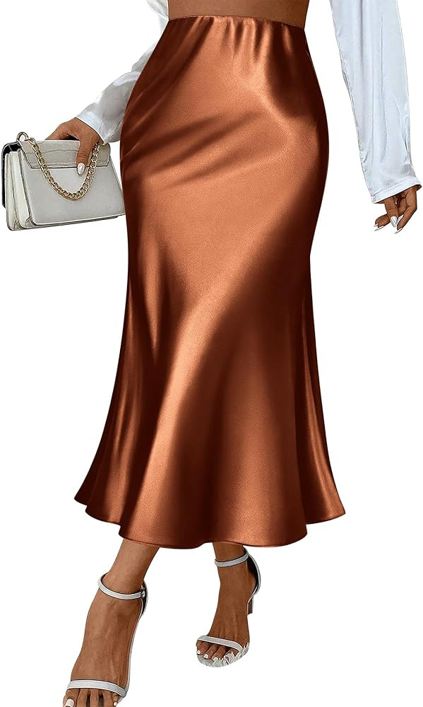 Zeagoo Womens Satin Skirt Thin High Waist Midi Skirt Flowy Silk Casual Skirts Mermaid Hem | Amazon (US)