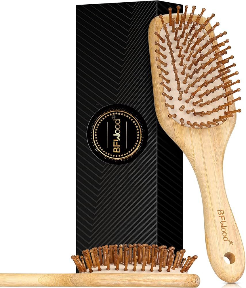 Bamboo Hair Brush with Paddle - Rounded Wood Bristles for Detangling and Gently Massaging Scalp b... | Amazon (US)