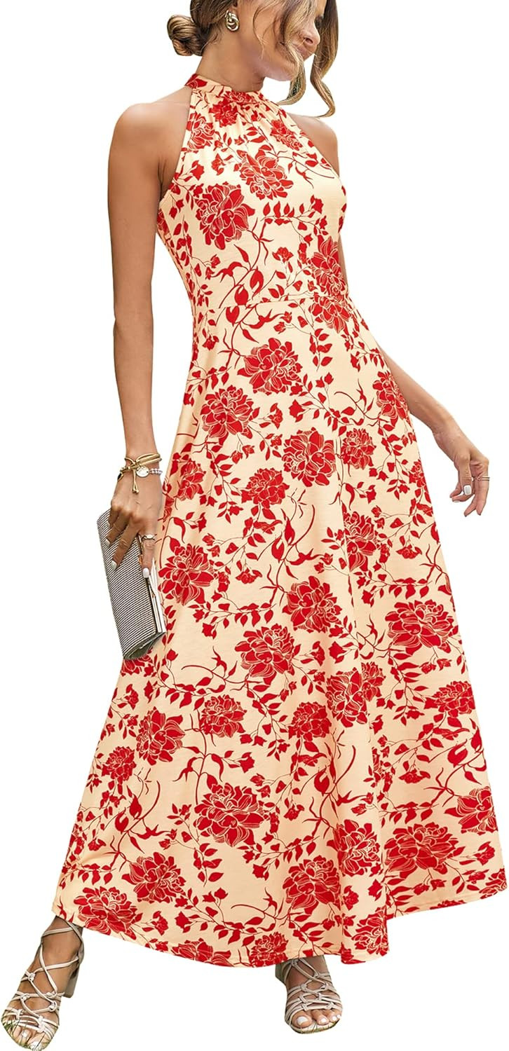 STYLEWORD Women's 2023 Summer Maxi Hawaiian Beach Halter Neck Formal Long Spring Wedding Guest Dr... | Amazon (US)