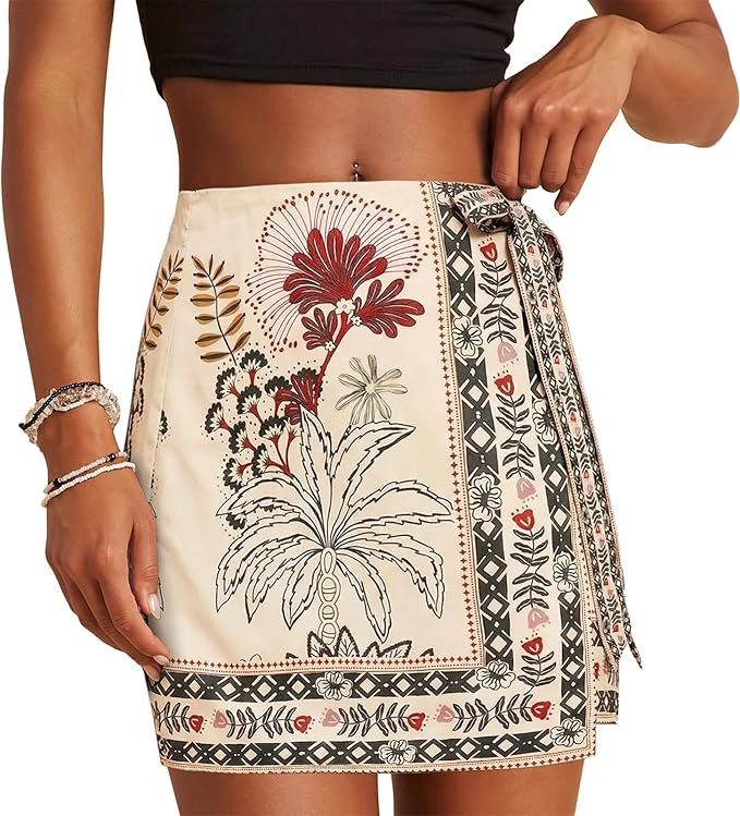 Womens Wrap Skirt Summer A Line Mini Skirts Boho Mermaid Floral Printed Tie Side High Waist Beach... | Amazon (US)