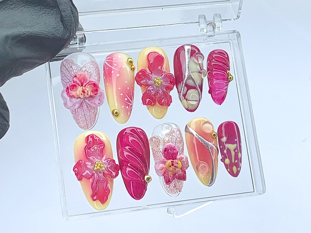 Blooming Flowers Press On Nails | 3D Chrome Flowers Acrylic Nails | Stunning Floral False Nails P... | Etsy (US)
