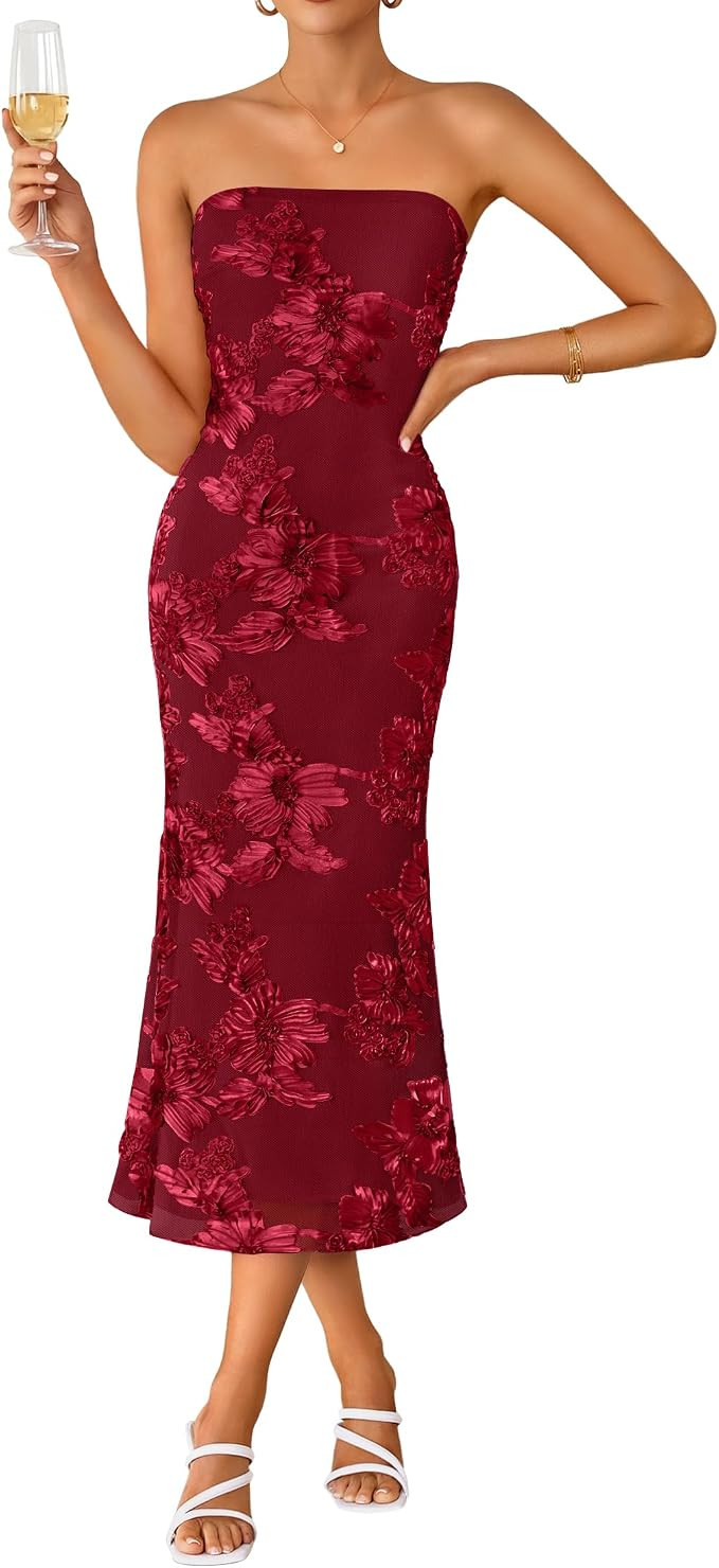 ZESICA 2026 Summer Strapless Floral Cocktail Wedding Guest Dress for Women | Amazon (US)