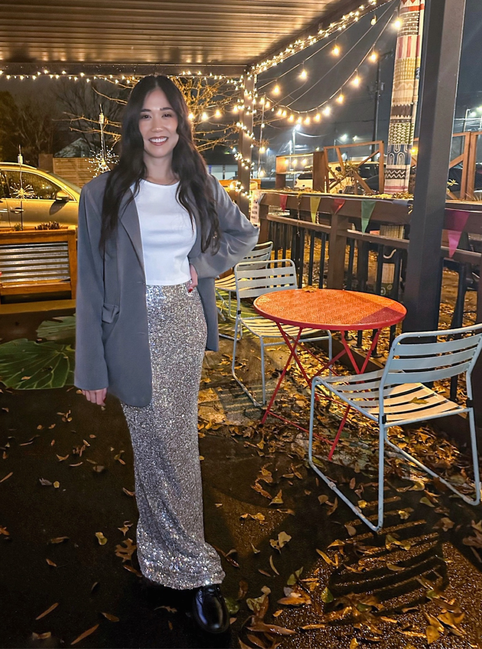 forever 21 style, forever 21 skirt, sequin skirt, maxi skirt, oversized blazer, blazer, sequins, chunky lace up shoes, chunky loafers, basic white tee

#LTKstyletip #LTKunder50 #LTKSeasonal