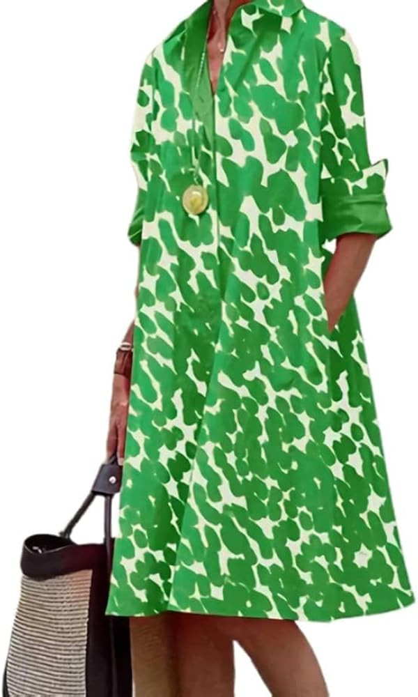 Womens Long Sleeve Button Down Floral Shirt Dress v Neck with Pockets Cotton Linen Midi Dress | Amazon (US)