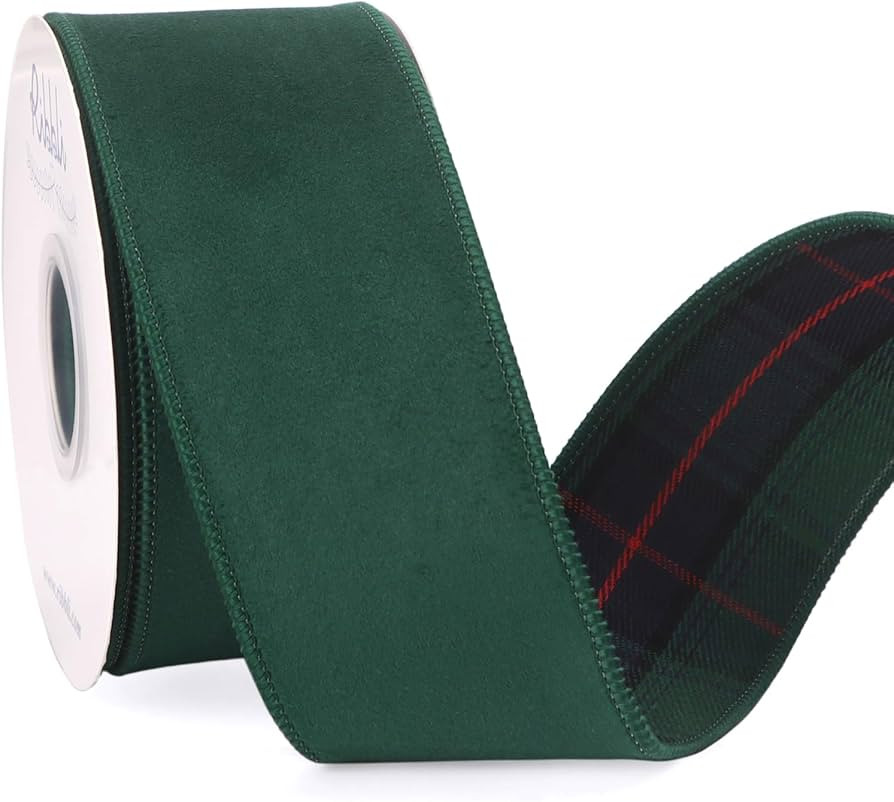 Ribbli Green Velvet Wired Ribbon with Blue Green Tartan Plaid Reversible 2.5 Inch Christmas Ribbo... | Amazon (US)