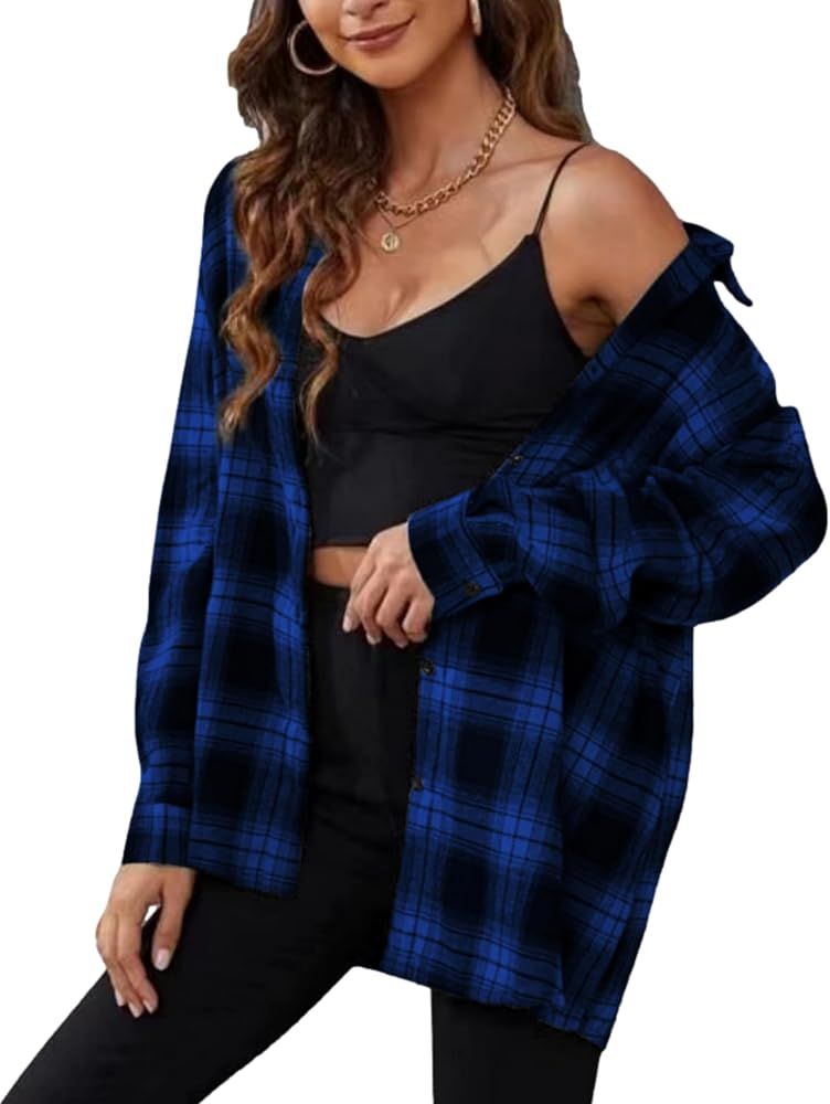 Zontroldy Plaid Flannel Shirts for Women Oversized Long Sleeve Button Down Buffalo Plaid Shirt Bl... | Amazon (US)