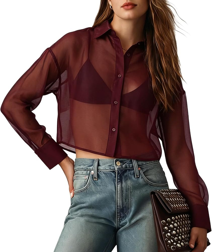 Wyeysyt Sheer Tops Women Cropped See Through Button Up Shirt | Amazon (US)