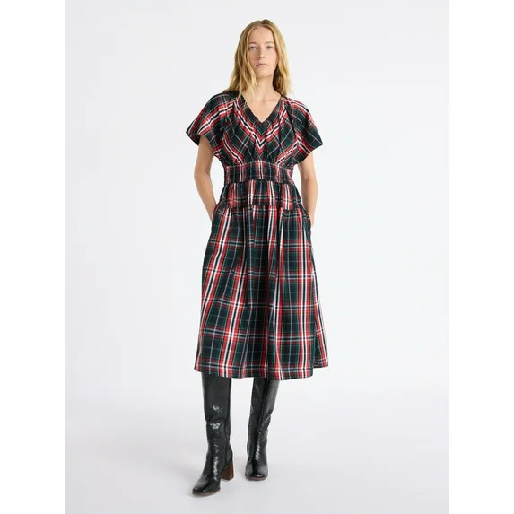 Free Assembly Women's and Women's Plus Cotton Smocked Waist Midi Dress with Flutter Sleeves, Size... | Walmart (US)