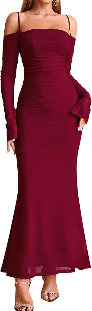 EYNMIN Women's Fall Wedding Guest Dresses Long Sleeve Spaghetti Strap Mesh Ruched Bodycon Maxi Fo... | Amazon (US)