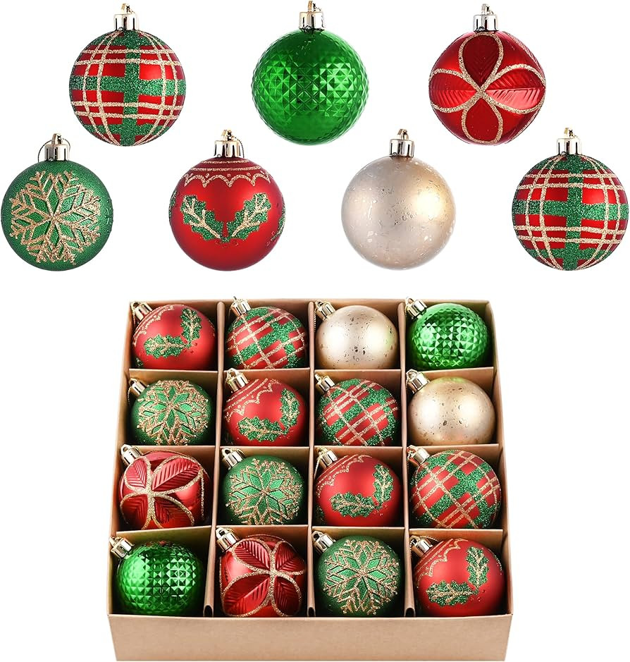 Valery Madelyn Ornaments for Christmas Tree, 16ct 2.36 Inches Red Green Gold Shatterproof Christm... | Amazon (US)