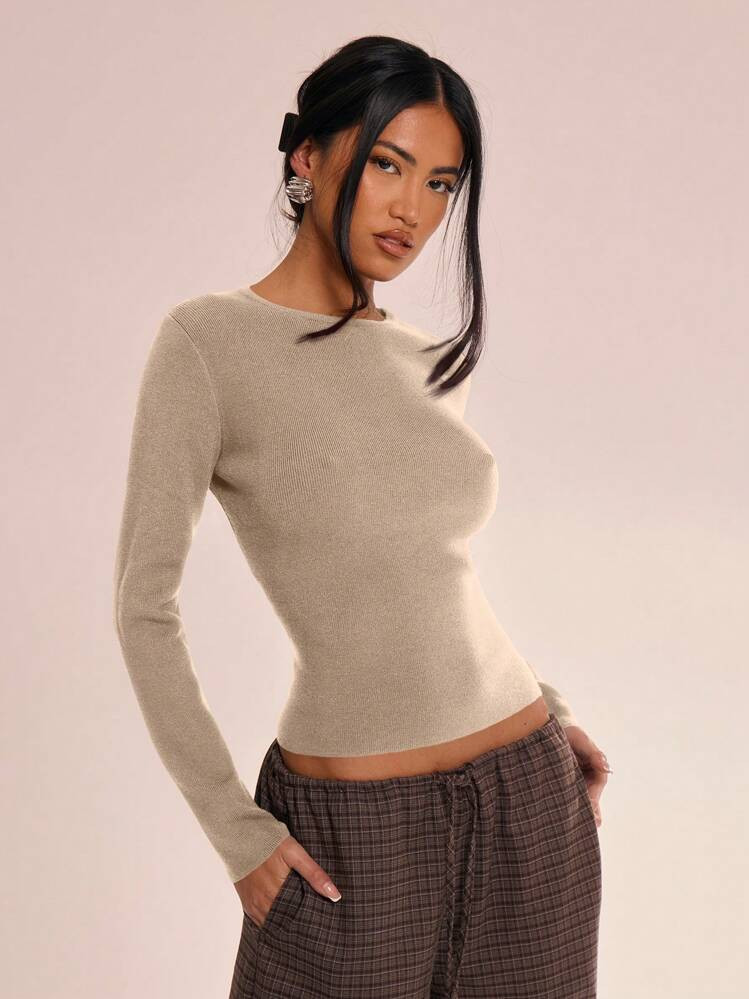 MUSERA Knitted Crew Neck Long Sleeve Top Casual Vacation Airport Holiday Fall Back To School Autumn Winter Elegant Spring Summer | SHEIN